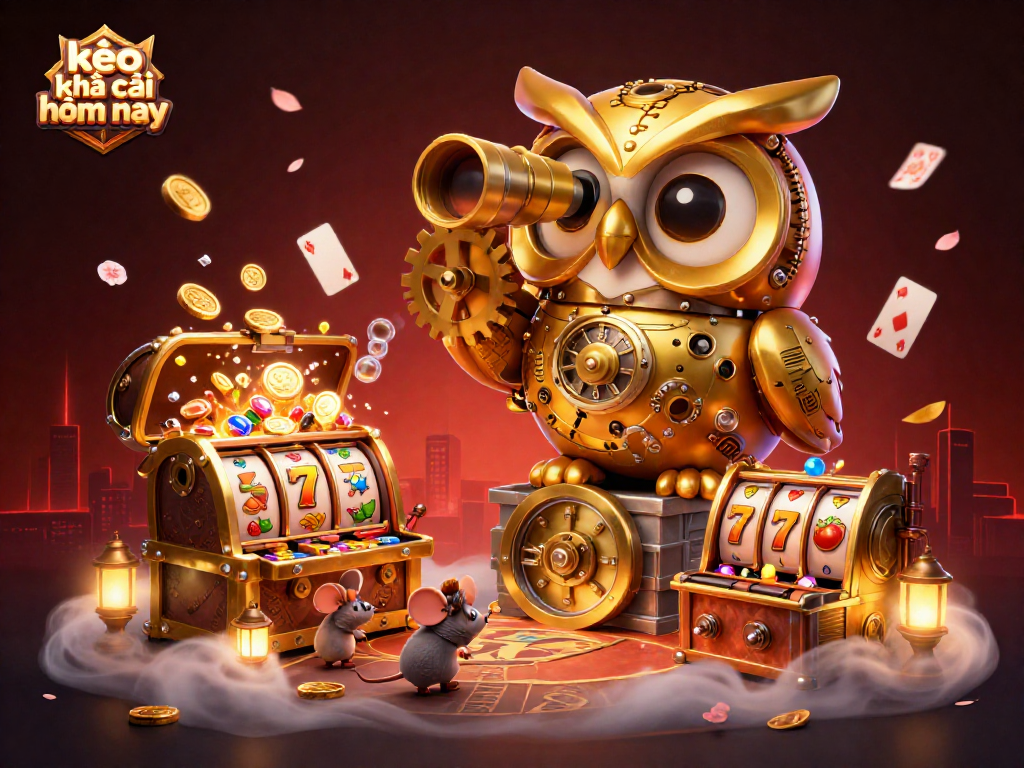 Engage with kèo nhà cái hôm nay through a vibrant casino scene featuring an owl, slot machines, and floating playing cards.
