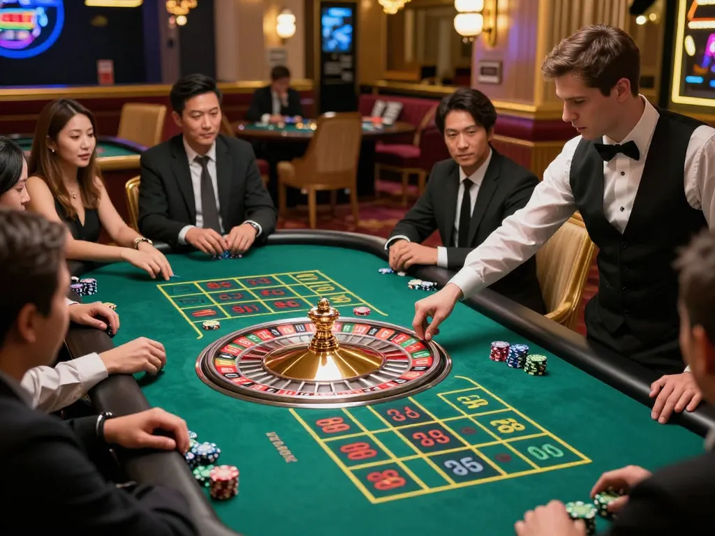 Players eagerly placing bets at the roulette table in kong88 casino, showcasing vibrant lights and thrilling atmosphere