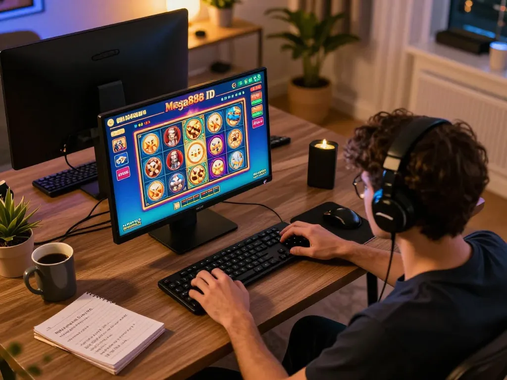 Player accessing Mega888 ID on smartphone during a cozy online gaming session at home