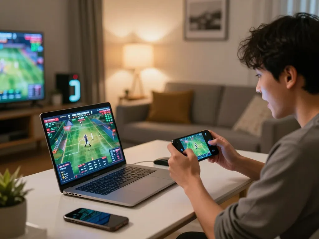 F8BET user celebrating a winning sports bet on mobile app in cozy home setting.
