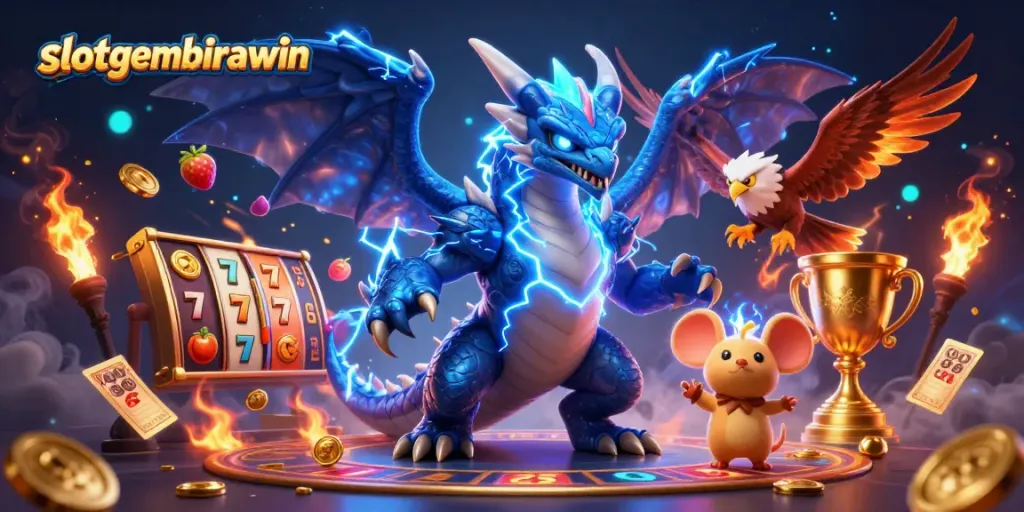 Engage with slotgembirawin's thrilling 3D illustration featuring dynamic slot reels and animated characters.