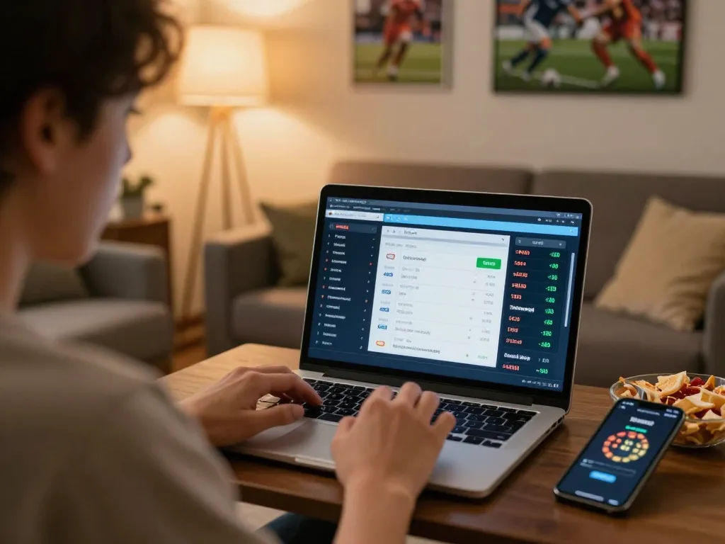 The person analyzes odds and places bets on the website smartcityhostels using a laptop and smartphone.