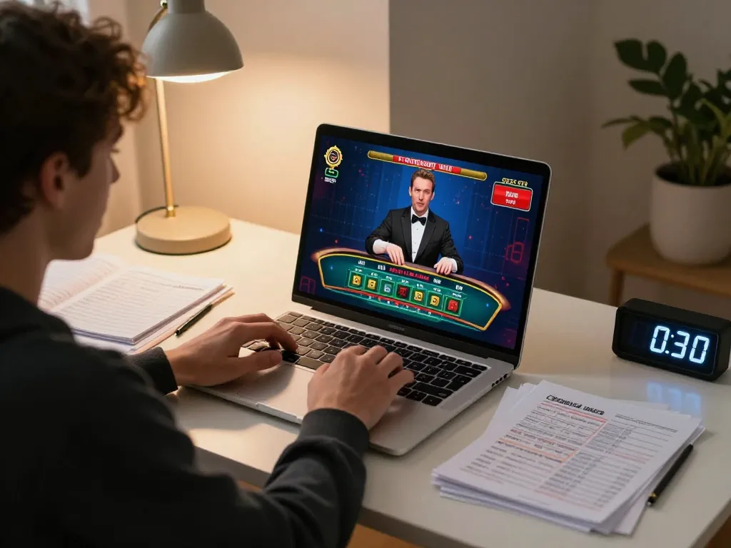 Player engaging in a live dealer game on laptop, showcasing rik88 strategies in online gambling