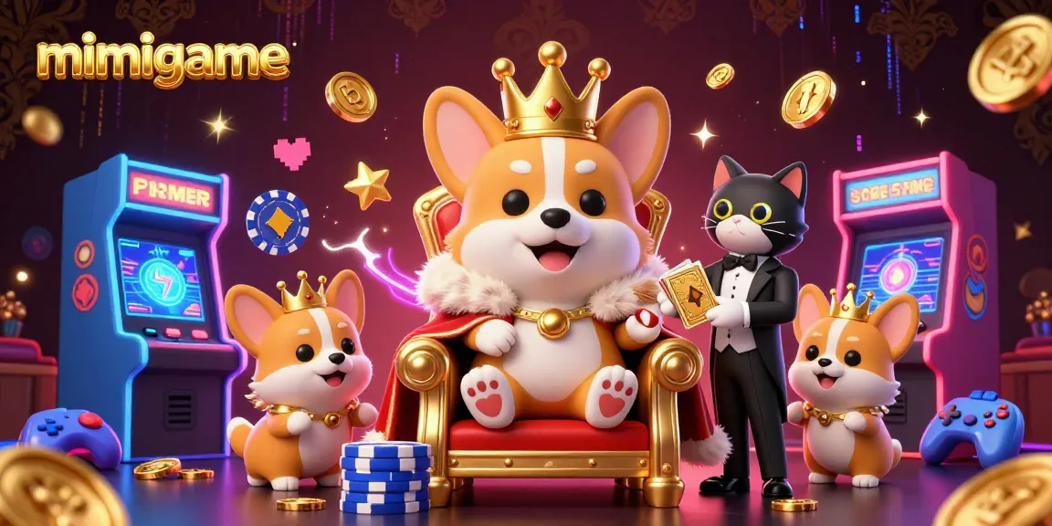 Play games at mimigame featuring a royal corgi and vibrant casino elements.