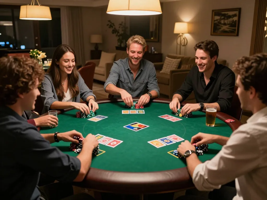 Friends enjoy a lively poker night at home, embodying the spirit of iwin club comedy and strategy.