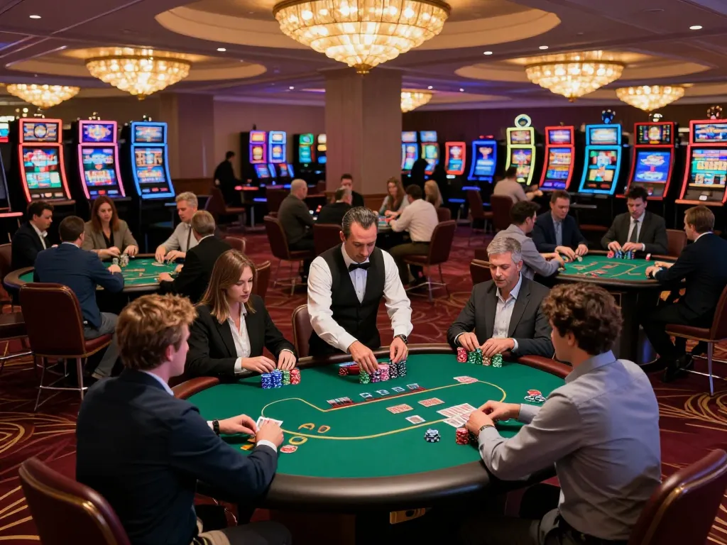 B52Club players engaging intensely at poker tables, vibrant casino atmosphere with active gameplay and elegant decor.