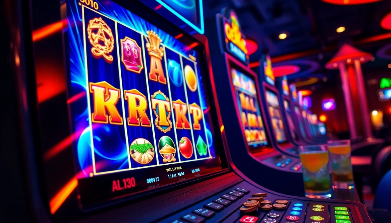 Engaging rtp slot interface with vibrant graphics in a lively casino setting.