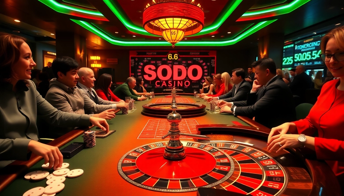 Players enjoying poker and roulette at SODO CASINO 66 with vibrant colors and lively atmosphere.