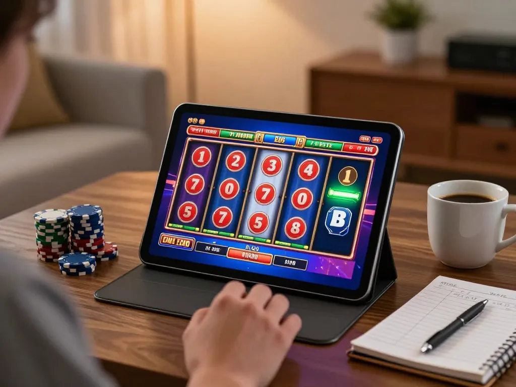The user enjoys online gambling through nk88, exploring a vibrant slot game on a tablet with gaming essentials nearby.