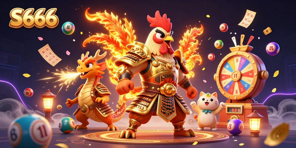 S666 casino adventure with a rooster warrior, dragon hatchling, and lucky fortune cat amidst vibrant gaming elements.