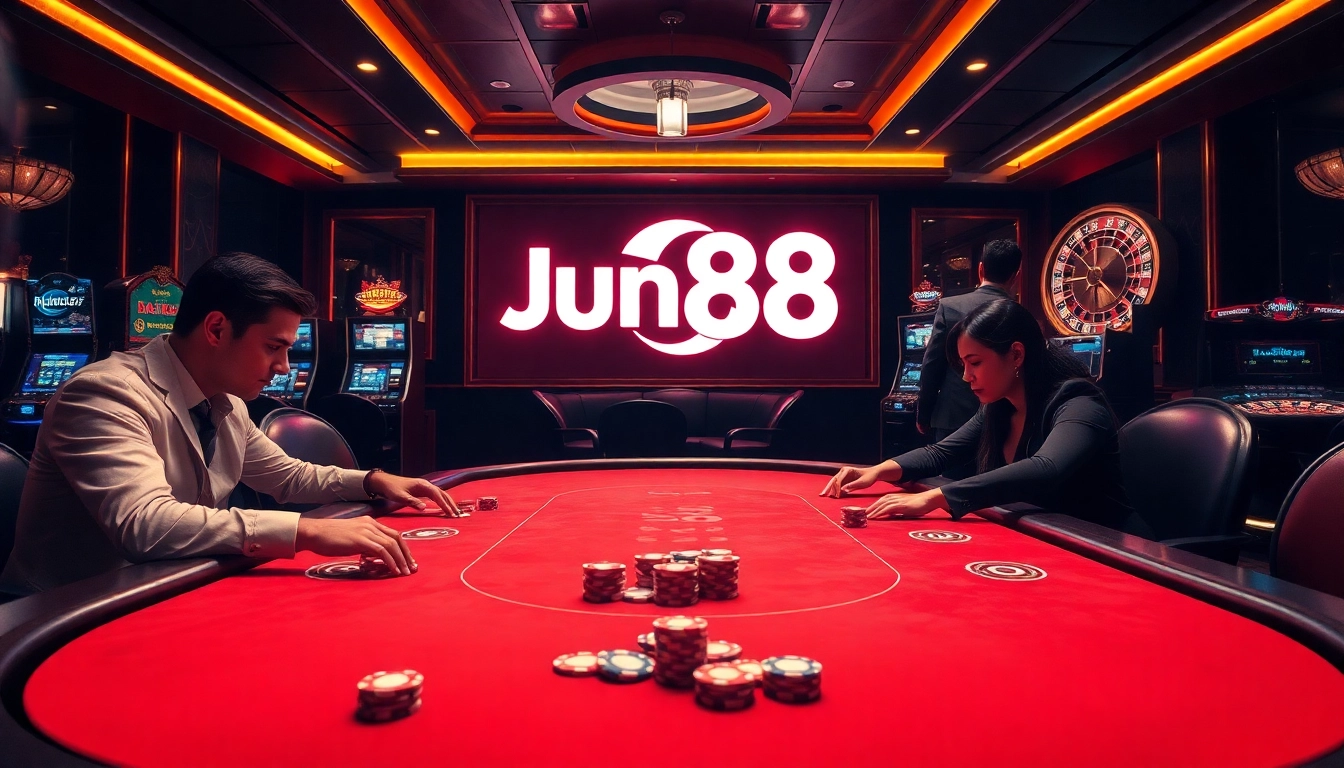 Jun88 players enjoying an intense poker game in a luxurious casino setting.