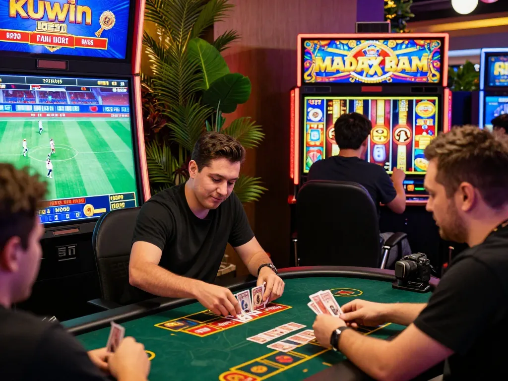 Dynamic online gaming experience with players on Nhà Cái Kuwin platform enjoying card games and slots, showcasing excitement.