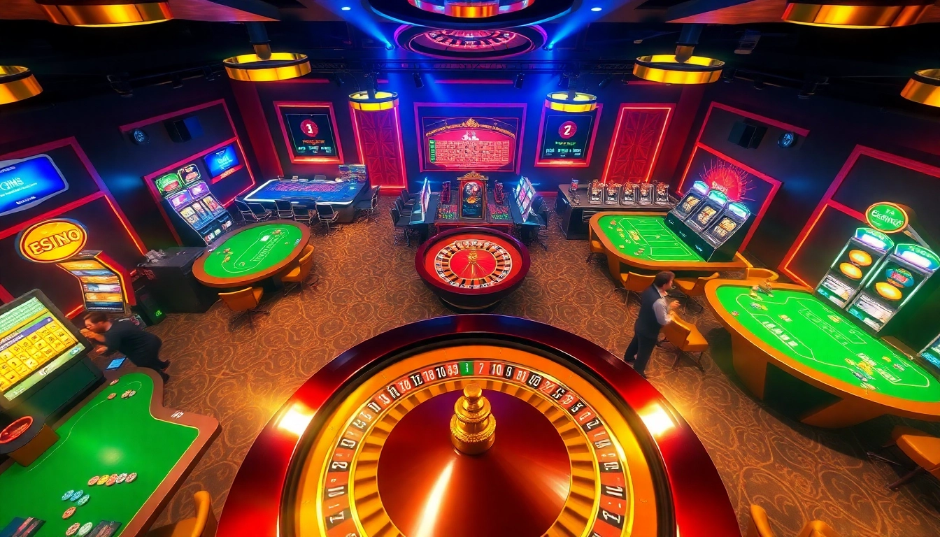 Engage in high-stakes gaming at http://febet7.club/, featuring a bustling casino atmosphere with poker tables and slot machines.