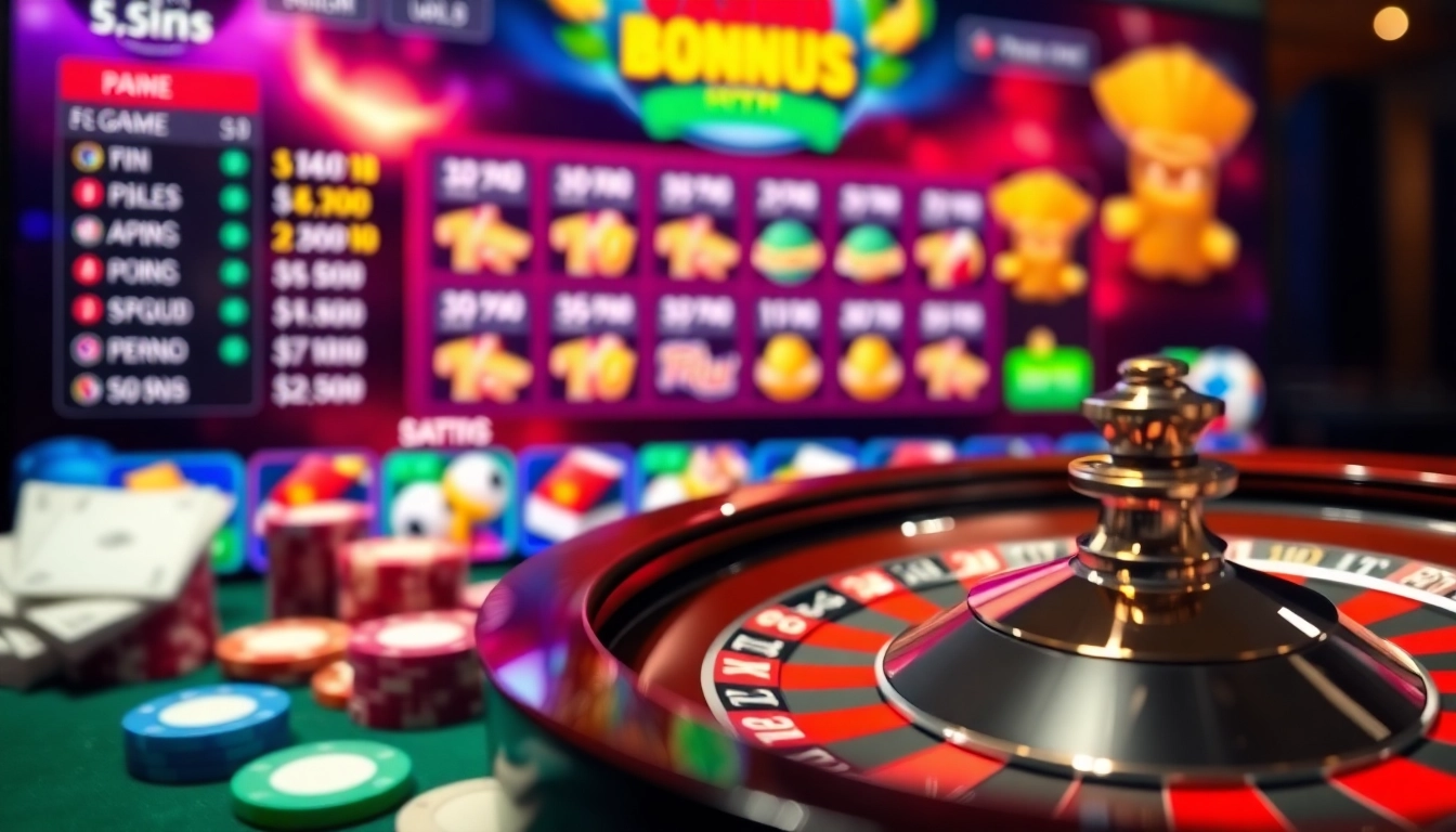 Showcasing casino bonuses with casino chips, cards, and a roulette wheel in an exciting gaming environment.