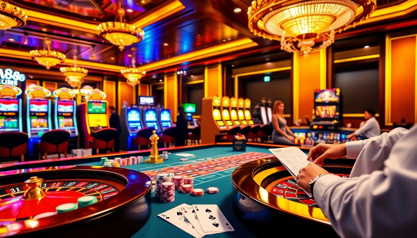 Experience the excitement of link mm88 with vibrant casino scenes showcasing competitive gaming and colorful gambling elements.