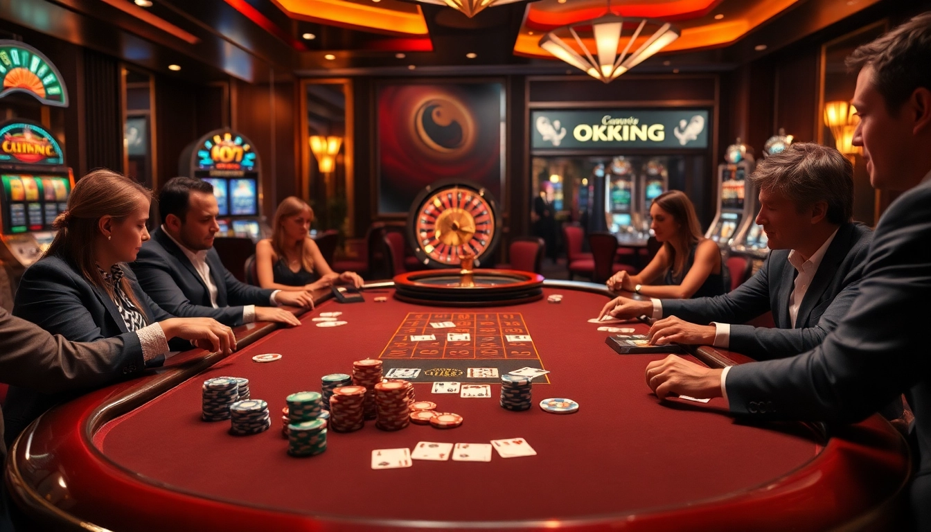 Engage in poker action with Okking poker chips and vibrant casino games in a luxurious setting.