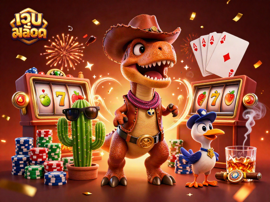 Engage with เว็บสล็อต as the T-Rex cowboy spins lucky slot reels amidst vibrant casino elements.