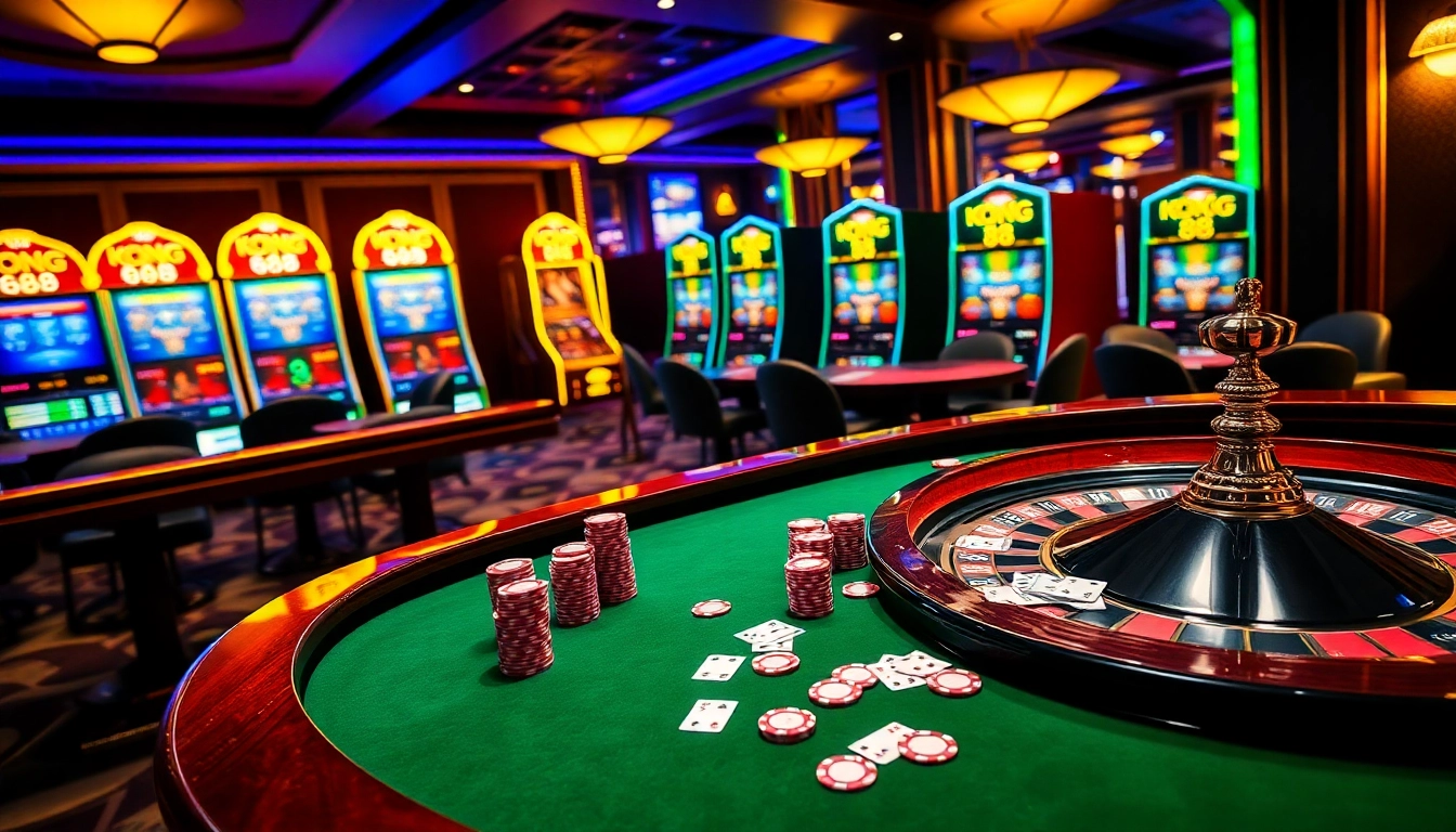 KONG 88 themed gaming area showcasing vibrant casino tables, poker chips, and roulette wheel.