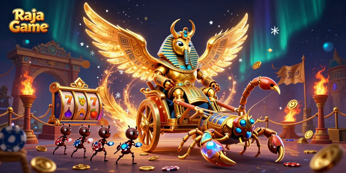 Raja Game features an epic scene with a golden scarab beetle and gaming elements for thrilling play.