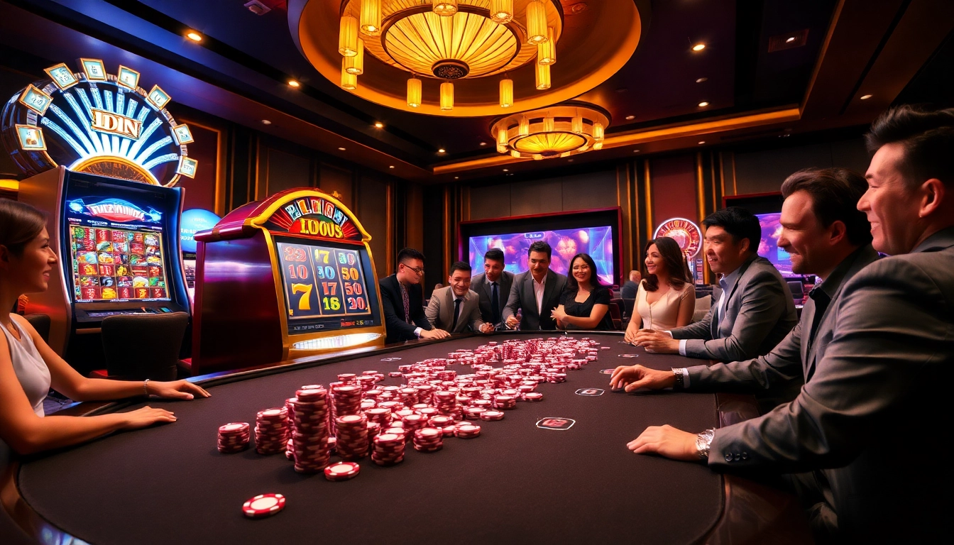 Engaging players on an IDN slot machine in a luxurious casino environment filled with vibrant colors.