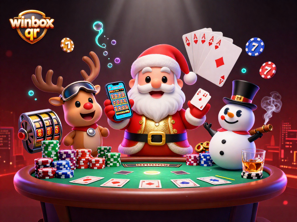 Winbox QR offers dynamic slots action with Santa, a reindeer dealer, and poker chip snowman.