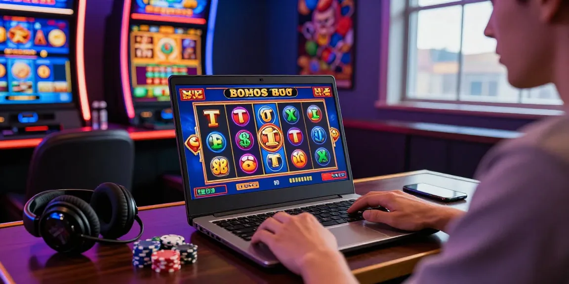 Player enjoying bonus buy slots on a laptop with vibrant graphics and casino decor.