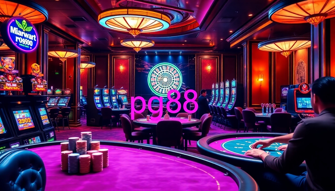 Experience the thrill of pg88 with players engaging at luxurious casino tables surrounded by vibrant slot machines.