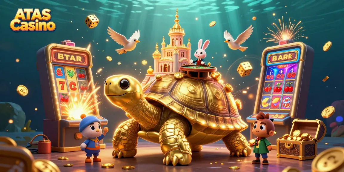 Engage with ATAS Casino's lively gaming scene featuring a golden tortoise and a rabbit dealer amidst a jackpot explosion.