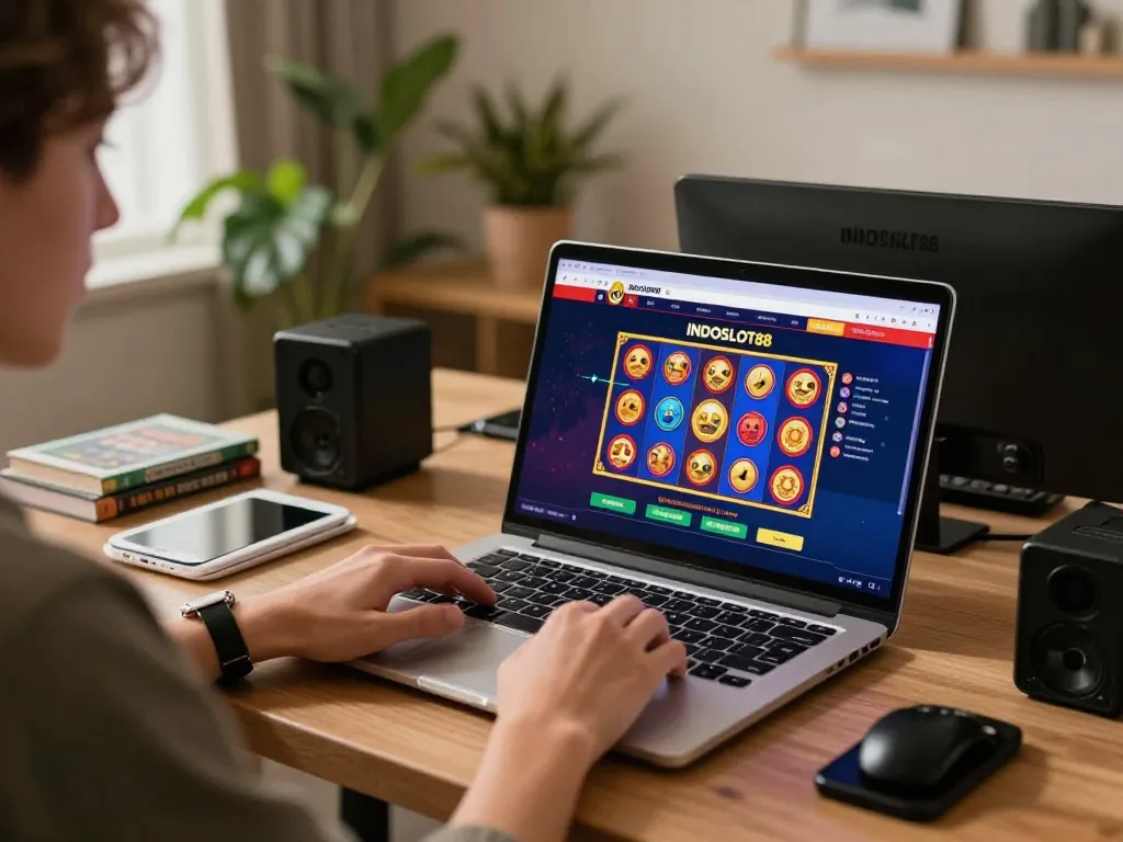 Bonus 100 persen INDOSLOT88 maximizing online slot gameplay experience on a laptop.