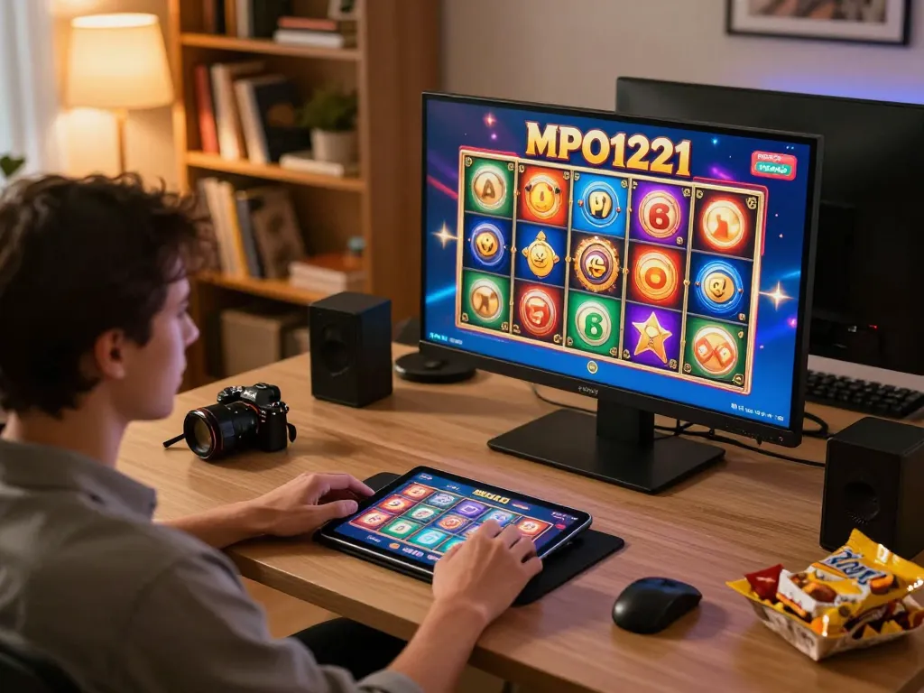 Pemain MPO1221 terlibat dengan permainan slot di tablet di kantor rumah yang nyaman.