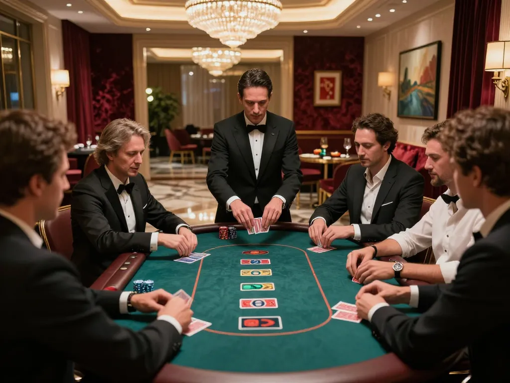 Intense poker strategy session at 789F's upscale gaming table in a luxurious casino setting.