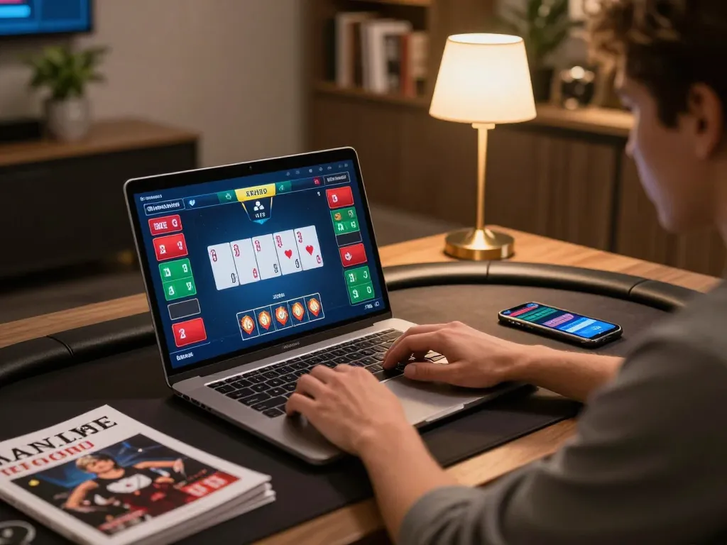 Engaging with gg 88 online poker on a laptop at home, showcasing vibrant digital gameplay
