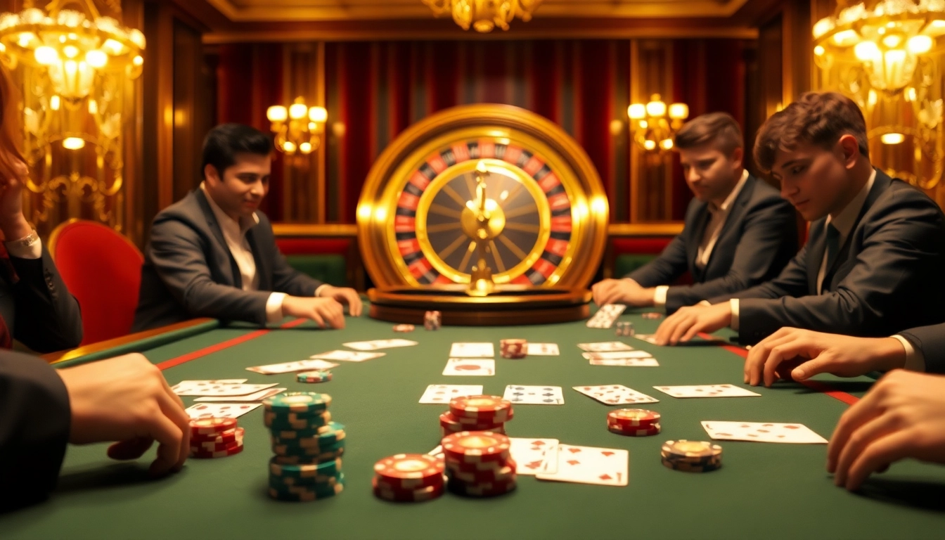 Engage in thrilling poker at http://2haywin.pro/ with an opulent casino setting showcasing high-value chips and cards.