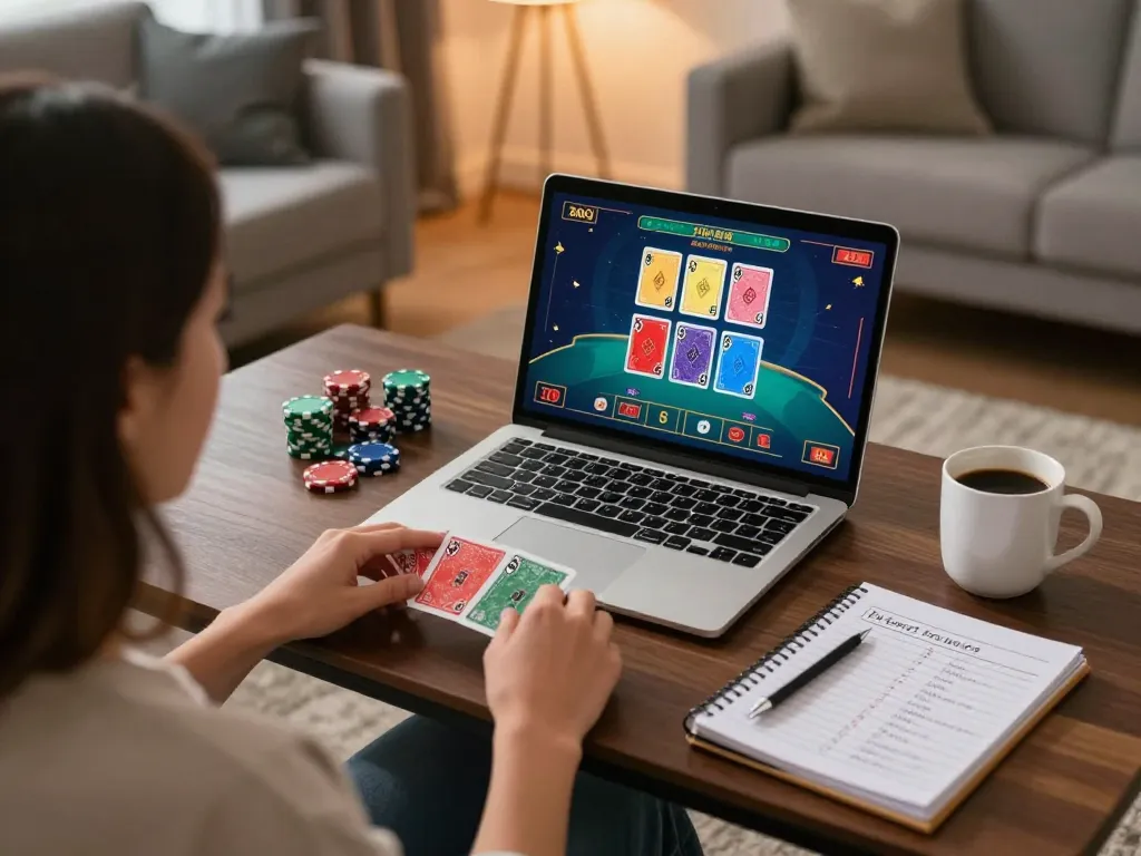 Pengalaman bermain blackjack online yang menarik di rumah oleh swebee, menampilkan kartu berwarna dan catatan strategi.
