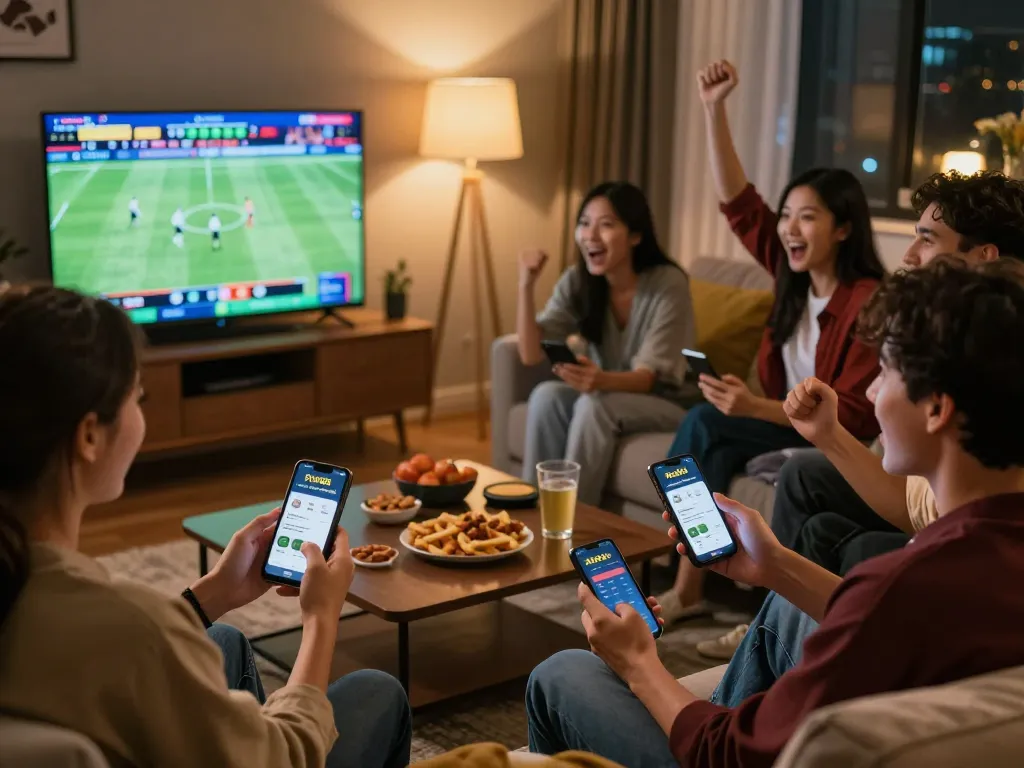 Friends enjoying an exciting sports betting experience using five88 com app during a live match.