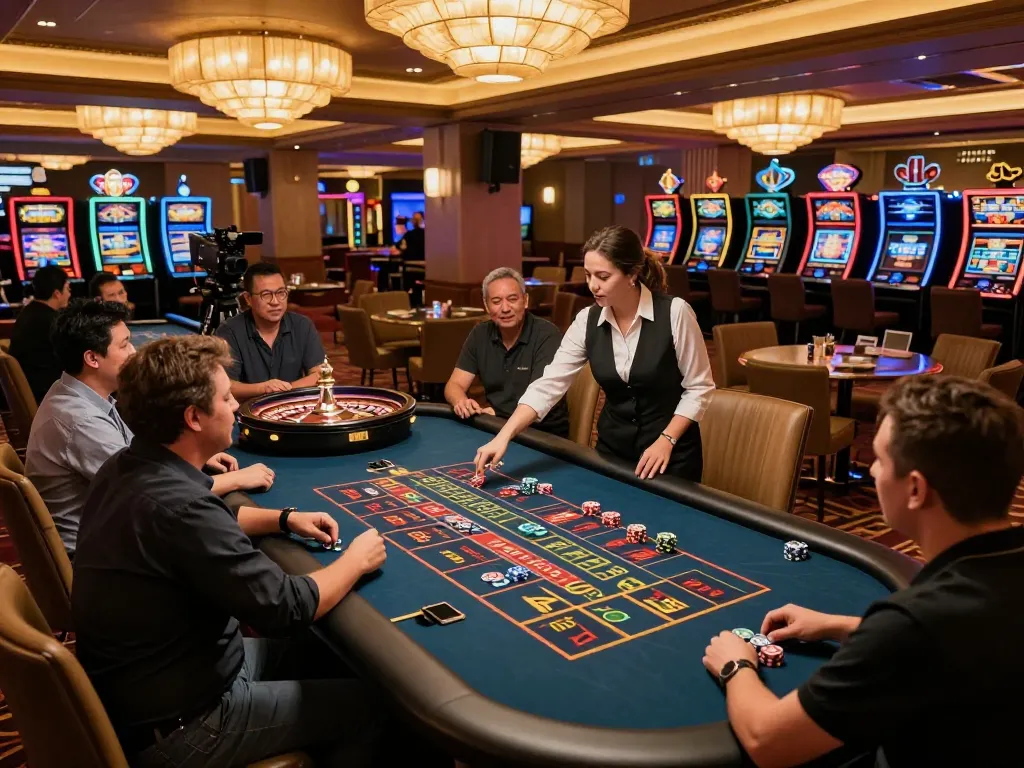 Rasakan sensasi EKOTOTO saat pemain bermain di meja roulette di tengah suasana kasino yang mewah.