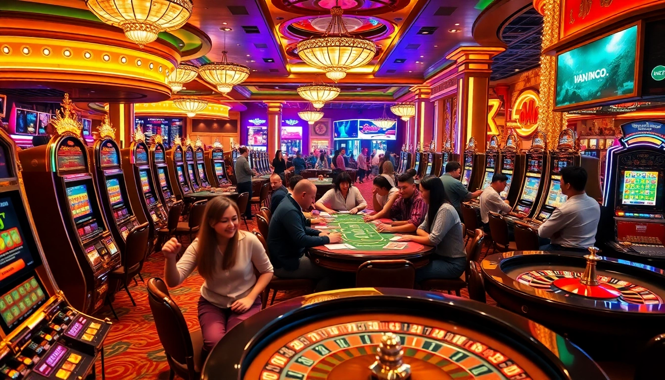 Diverse gamblers enjoying the excitement of trang kjc in a luxurious casino environment with tables and slot machines.
