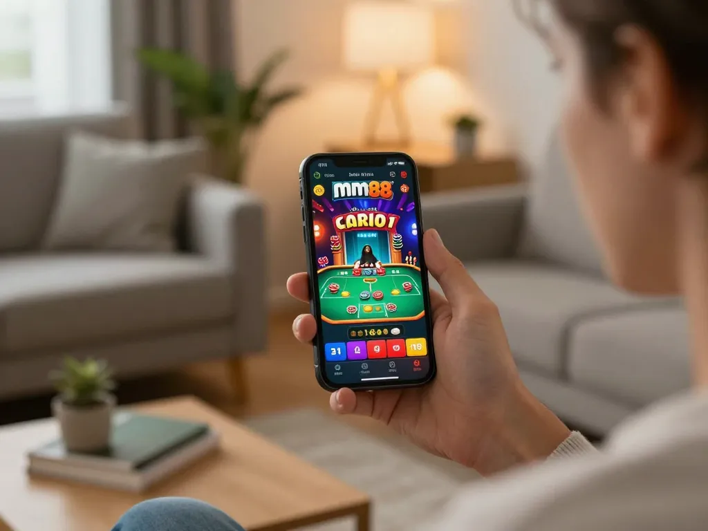Engaging moment of a player using the mm88 app for live casino gaming on smartphone, showcasing user interaction and excitement.