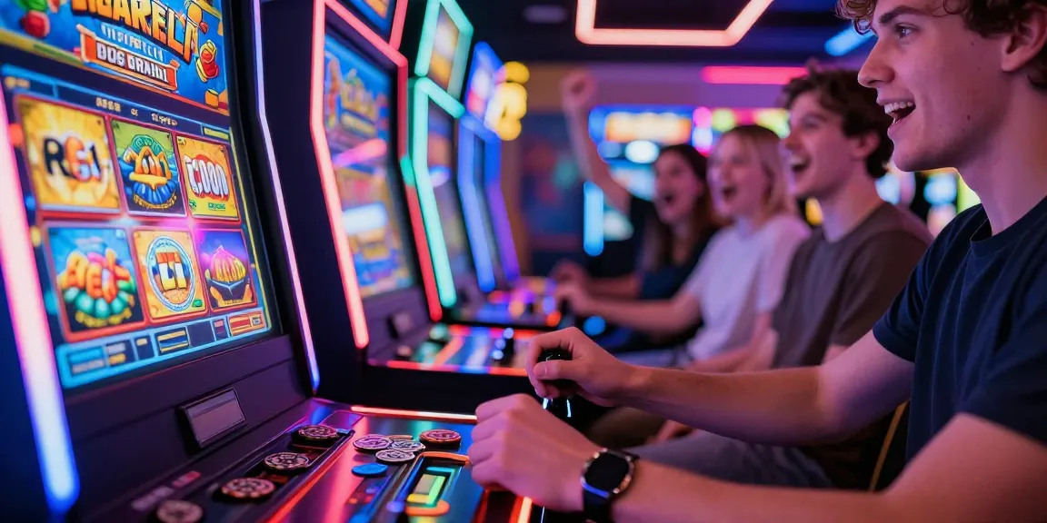Player experiencing excitement at a slot machine in a vibrant arcade.