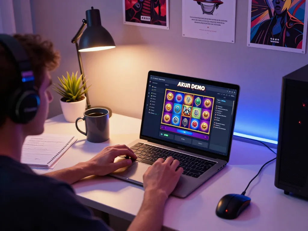 Pemain Akun Demo PG Soft di laptop dalam pengaturan permainan rumah yang nyaman, menampilkan desain slot yang cerah dan suasana yang menarik.