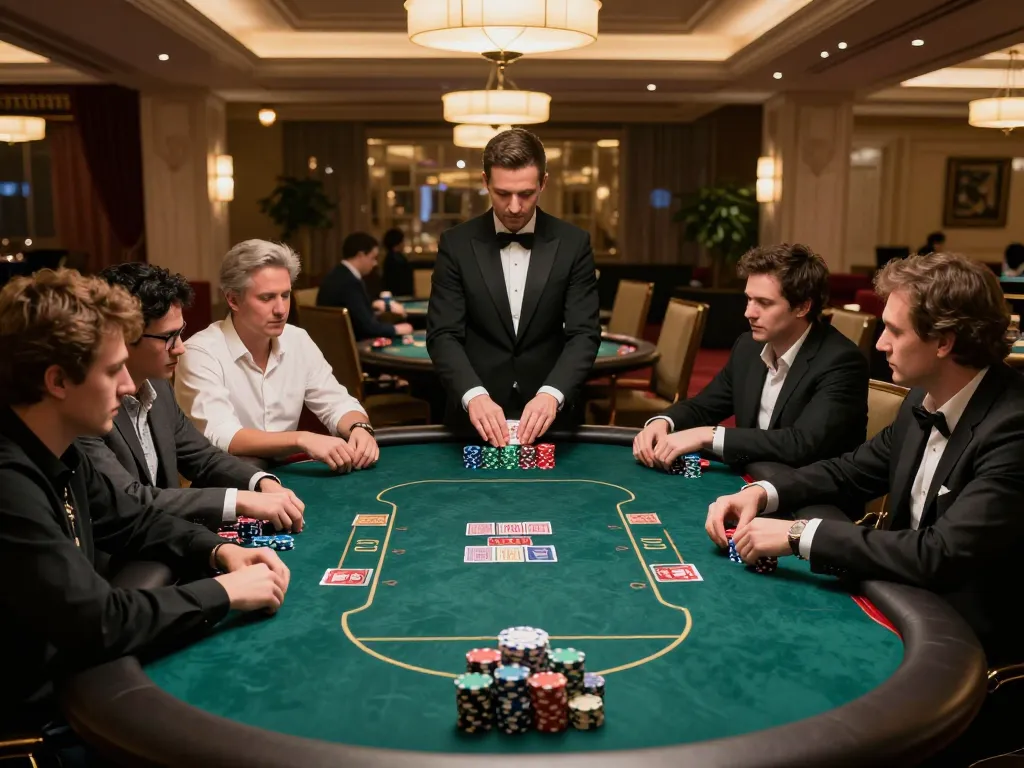 Players engaged in a strategic poker game at an upscale casino table, showcasing VK88 excitement and high stakes.