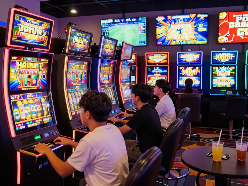 Lounge permainan slot gacor hari ini yang menarik dengan pemain yang terlibat dan mesin yang berwarna-warni.