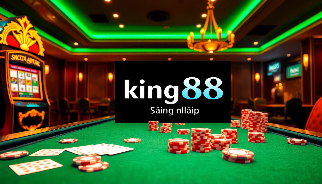 Experience the excitement of king88 đăng nhập with an elegant casino scene featuring slot machines and poker chips.