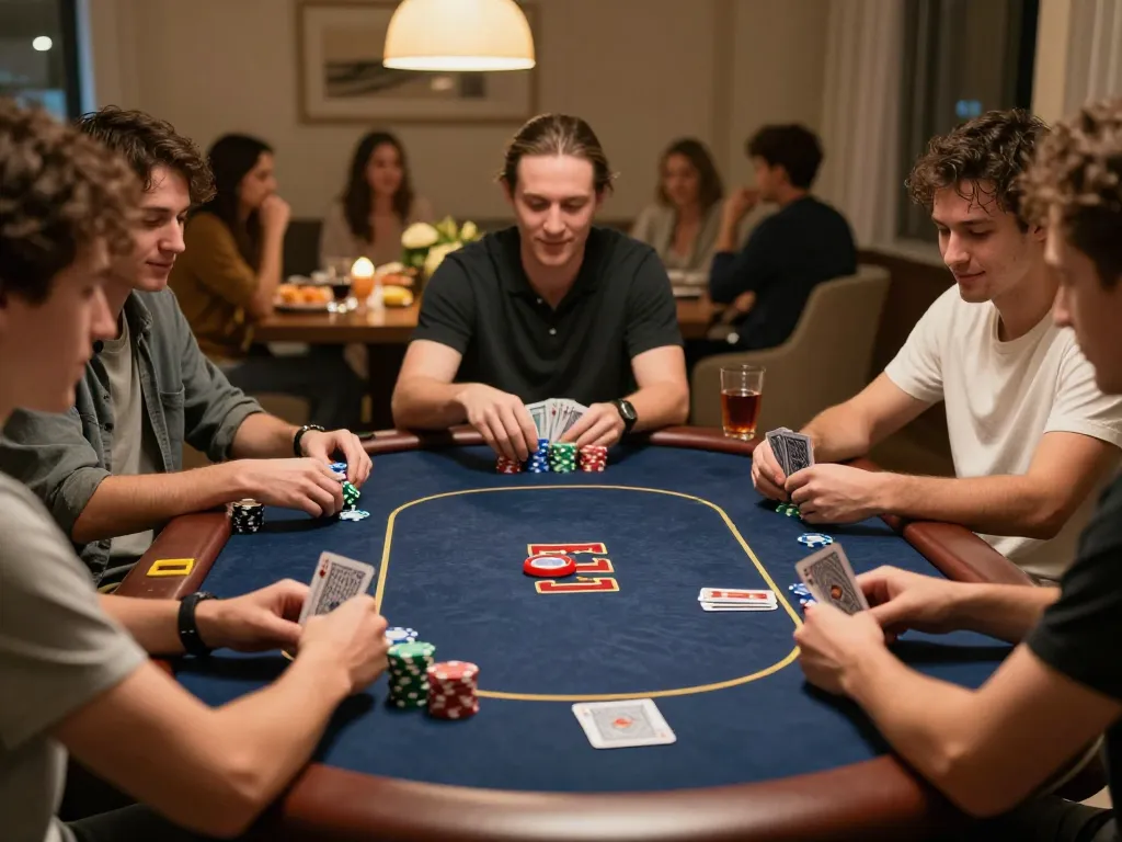 Sahabat yang terlibat menikmati situs togel di malam poker di rumah dengan chip yang cerah dan suasana yang nyaman