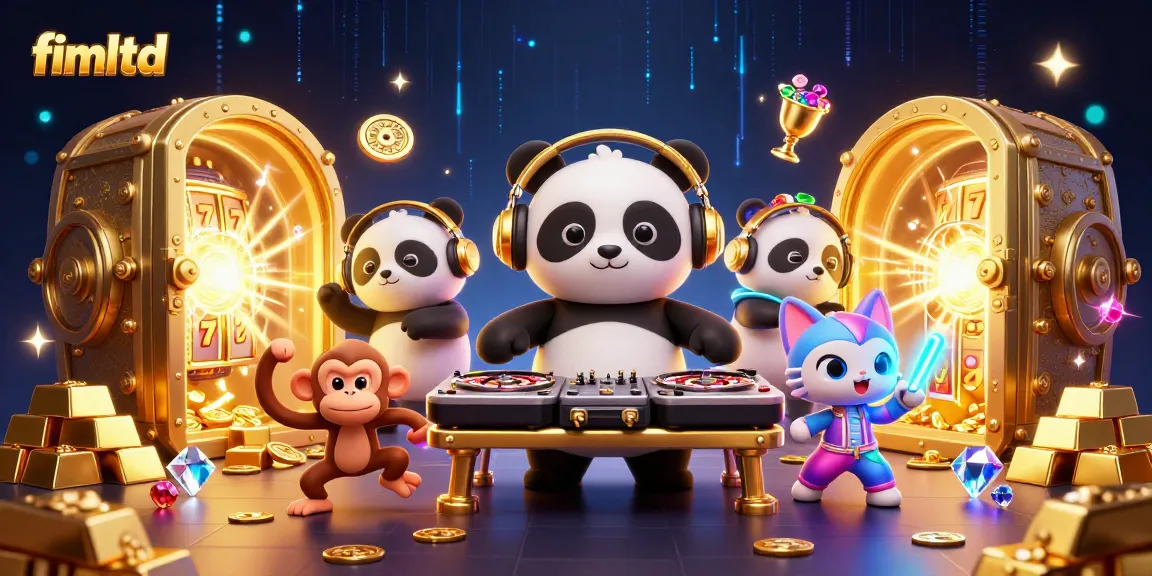 Experience vibrant casino fun at fimltd with a DJ panda, breakdancing monkey, and glow-stick kitten surrounded by gold and gems.