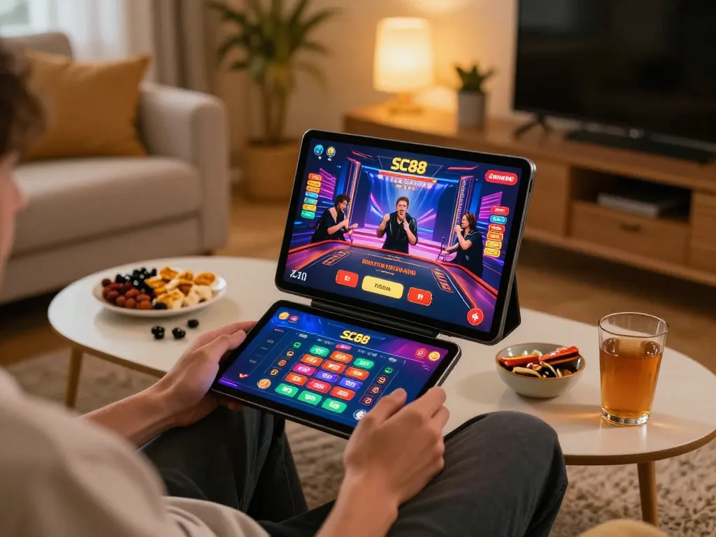 Player engaging with SC88 casino app on tablet in cozy home environment, highlighting the excitement of online gaming