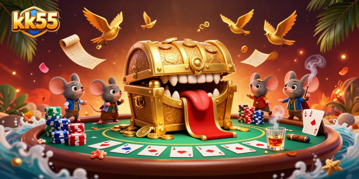 kk55 casino adventure with treasure chest and vibrant poker elements, attracting players with excitement