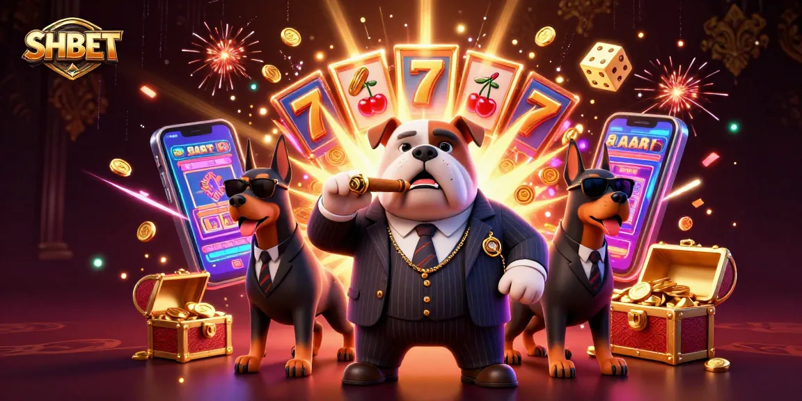Spin to win at SHBET with an exciting casino scene featuring a mafia bulldog and slot machine.