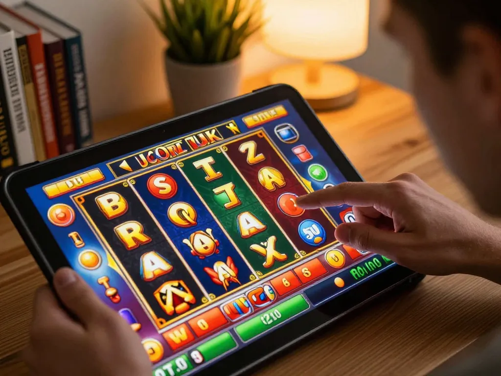 Engaged player spinning reels in online slot game showcasing bonus new member 100 promotional offer