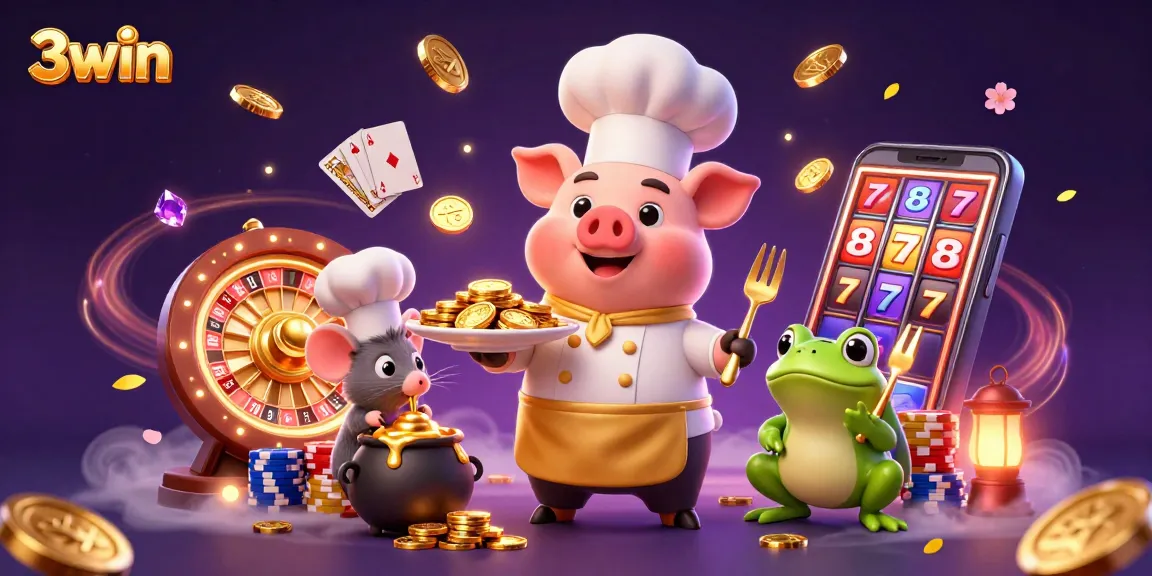 Experience vibrant casino excitement with 3win in a 3D illustration featuring dynamic characters and thrilling game elements.